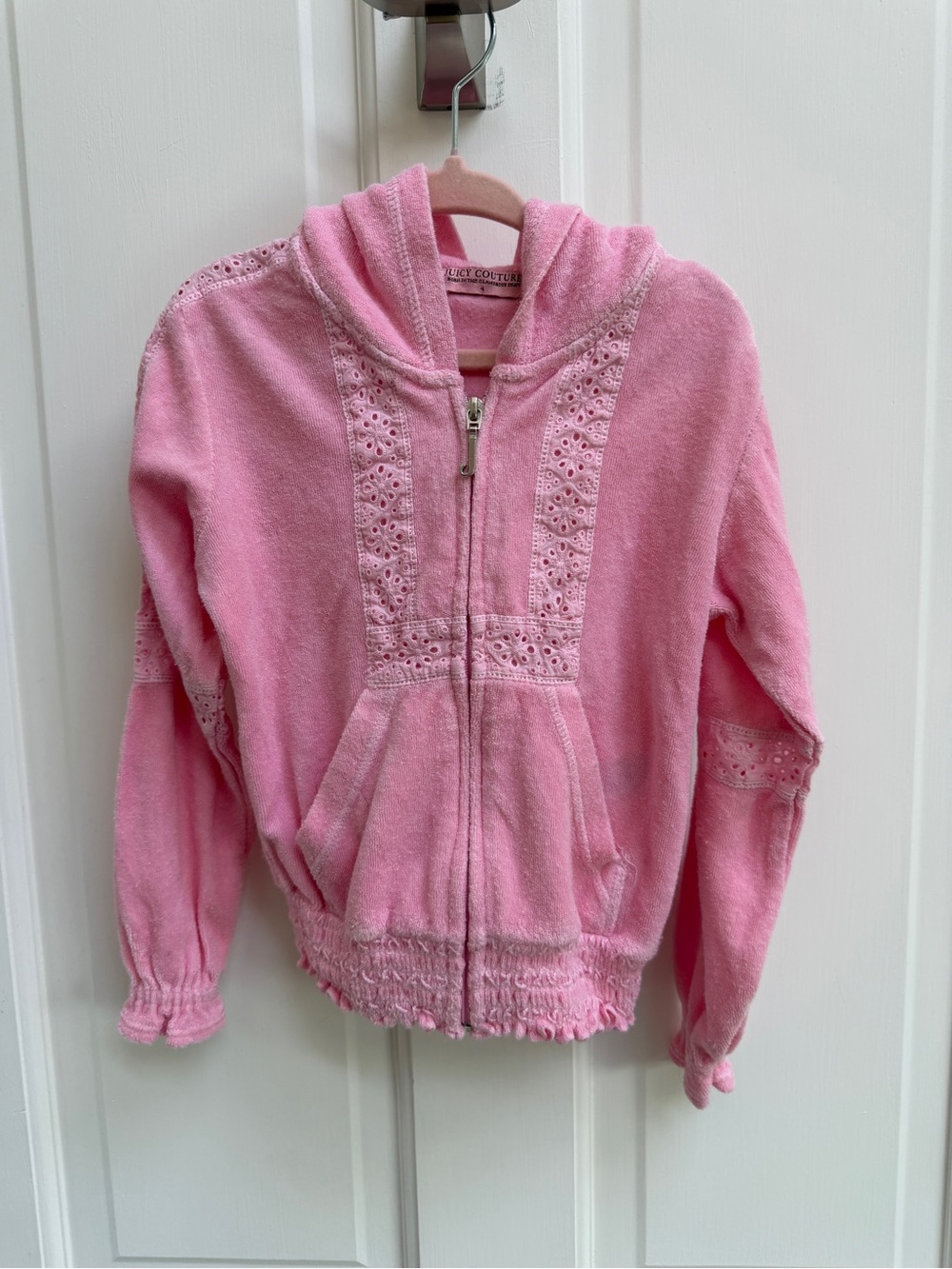 Juicy Couture Girls 4 Pink Hooded Zip Up Sweatshirt Hoodie with Eyelet Trim